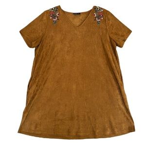 Very J Faux Suede Embroidered Brown Short Sleeve Shift Dress Western Boho Sz 2X
